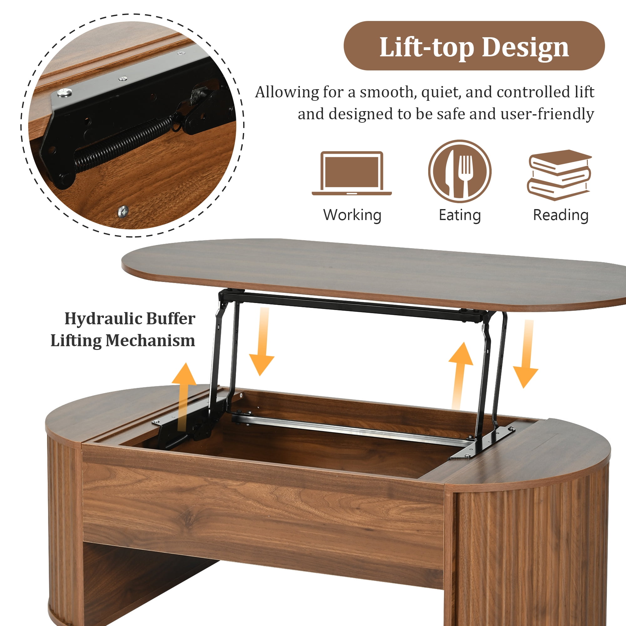Euroco Lift-Top Coffee Table with Hidden Storage, Hydraulic Mechanism, Wavy Groove Design, Scratch-Resistant MDF Wood Finish