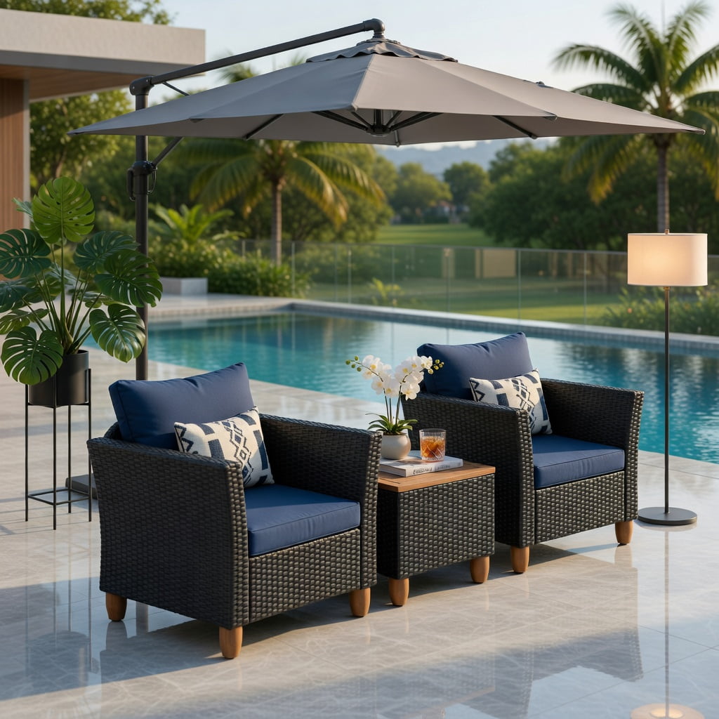 Hommoo 3-Piece Outdoor Rattan Patio Furniture Set, Acacia Wood Coffee Table & 2 Single Sofas with Removable Cushions, Navy