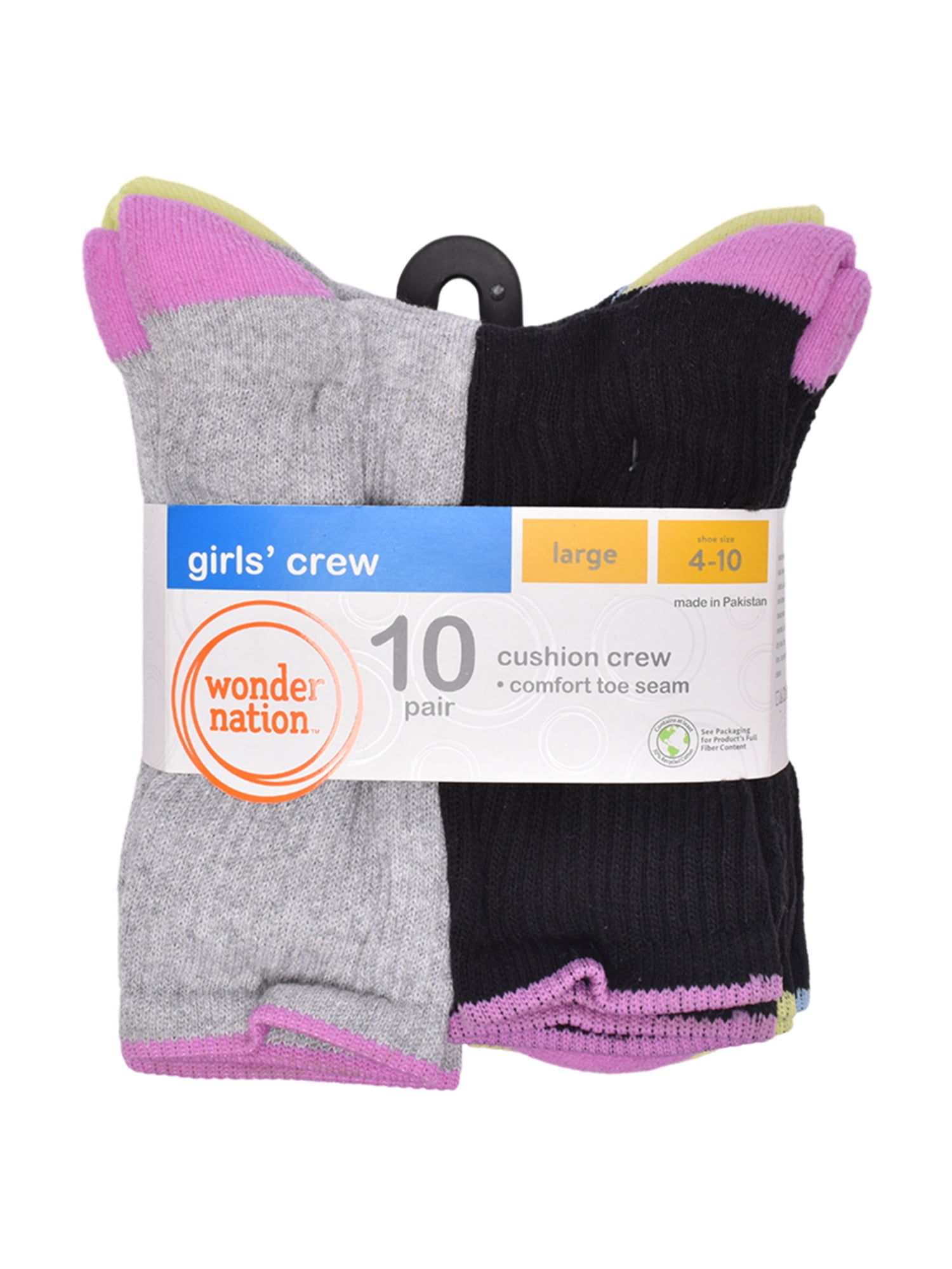 Wonder Nation Girls Cushioned Crew Socks, 10-Pack, Sizes S (6-10.5) - L (4-10)