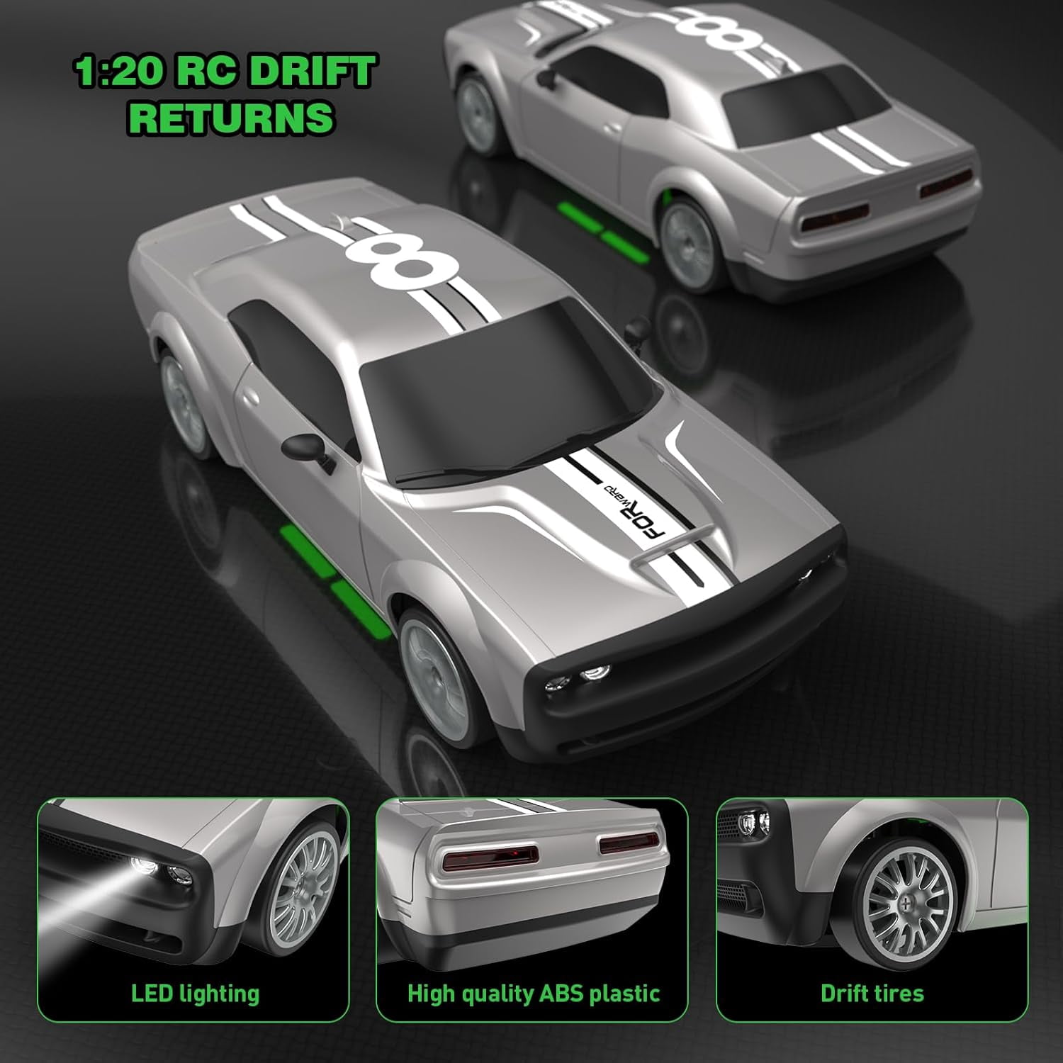 RC Drift Car 2.4GHz 1:20 Scale 4WD 20KM/H High Speed Drifting Tire, LED Lights, 2 Rechargeable Batteries