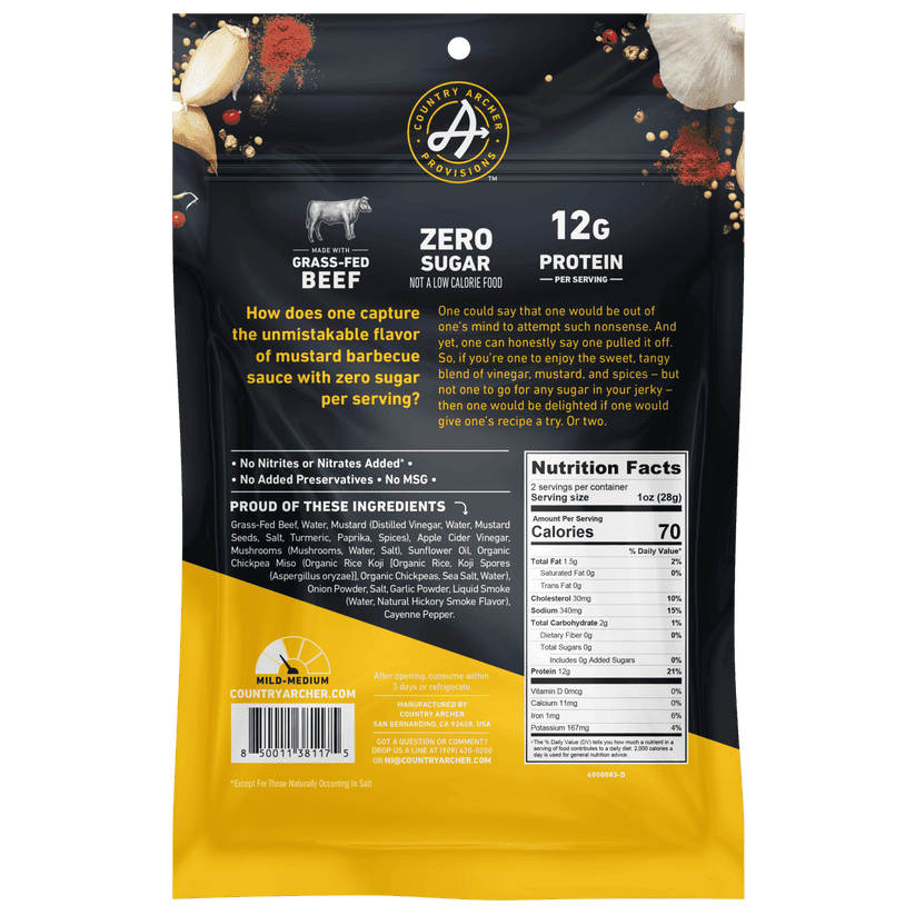Pack of 12, Country Archer Zero Sugar Mustard BBQ Beef Jerky, 2 oz​