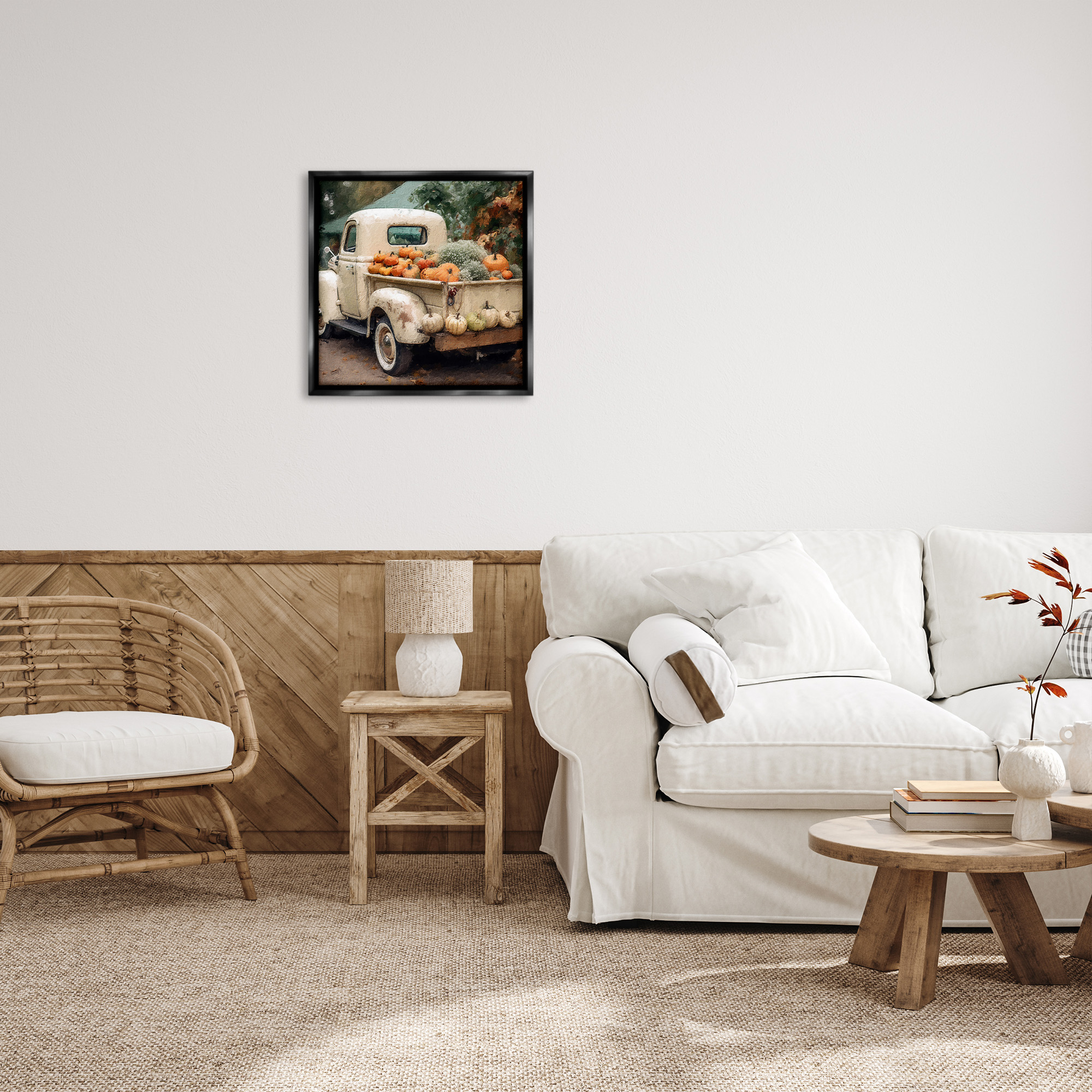 Stupell Industries Pumpkin & Gourd Truck Holiday Painting Black Floater Framed Canvas Art Print Wall Art, 25 x 25