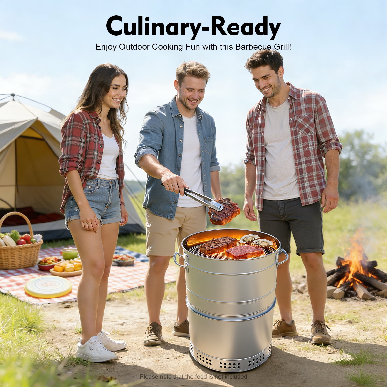 Miumaeov Large Portable Charcoal Grills, Stainless Charcoal BBQ Grill Barrel, 360° Automatic Smokeless Outdoor Barbecue Grill for Travel, Outdoor Cooking and BBQ, Camping Grill Picnic Patio Backyard