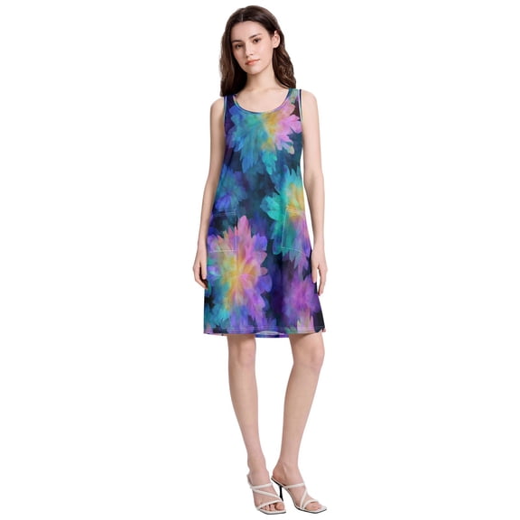 Women's Casual Sleeveless All Over Print Dress Loose A Line Flowy Dresses with Pockets Purple Tie-dye S