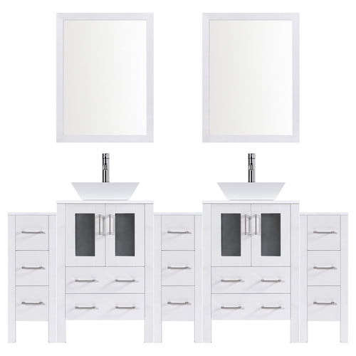Decoraport 55 in Wall Mount Bathroom Vanity Set with Double Glass Sink and Mirror VS-8861