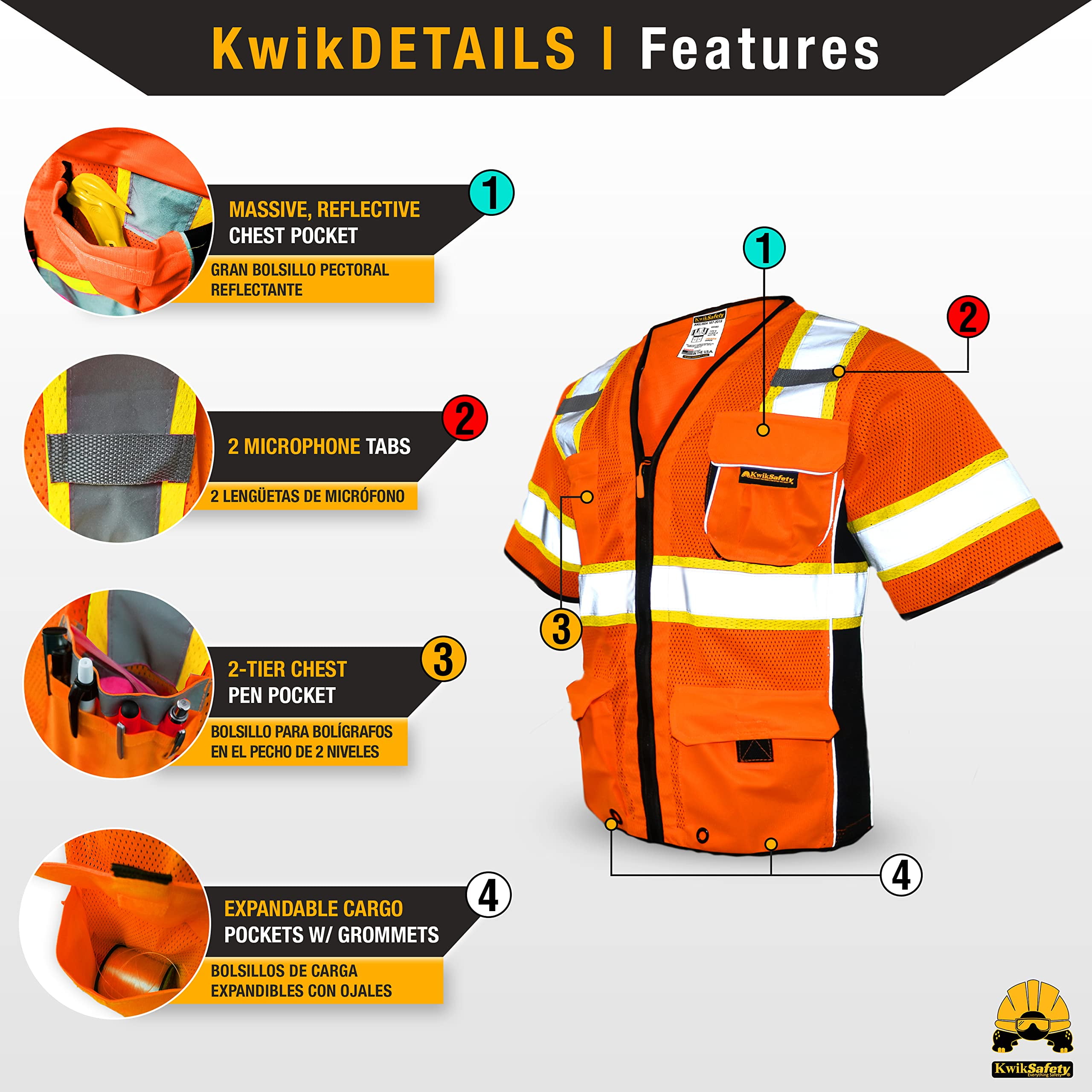 KwikSafety (Charlotte, NC) EXECUTIVE Safety Vest (10 Pockets) Class 3 ANSI OSHA High Visibility Reflective Heavy Duty Mesh Zipper HiVis Construction Work Site HiViz Men Women | Orange 2X-Large