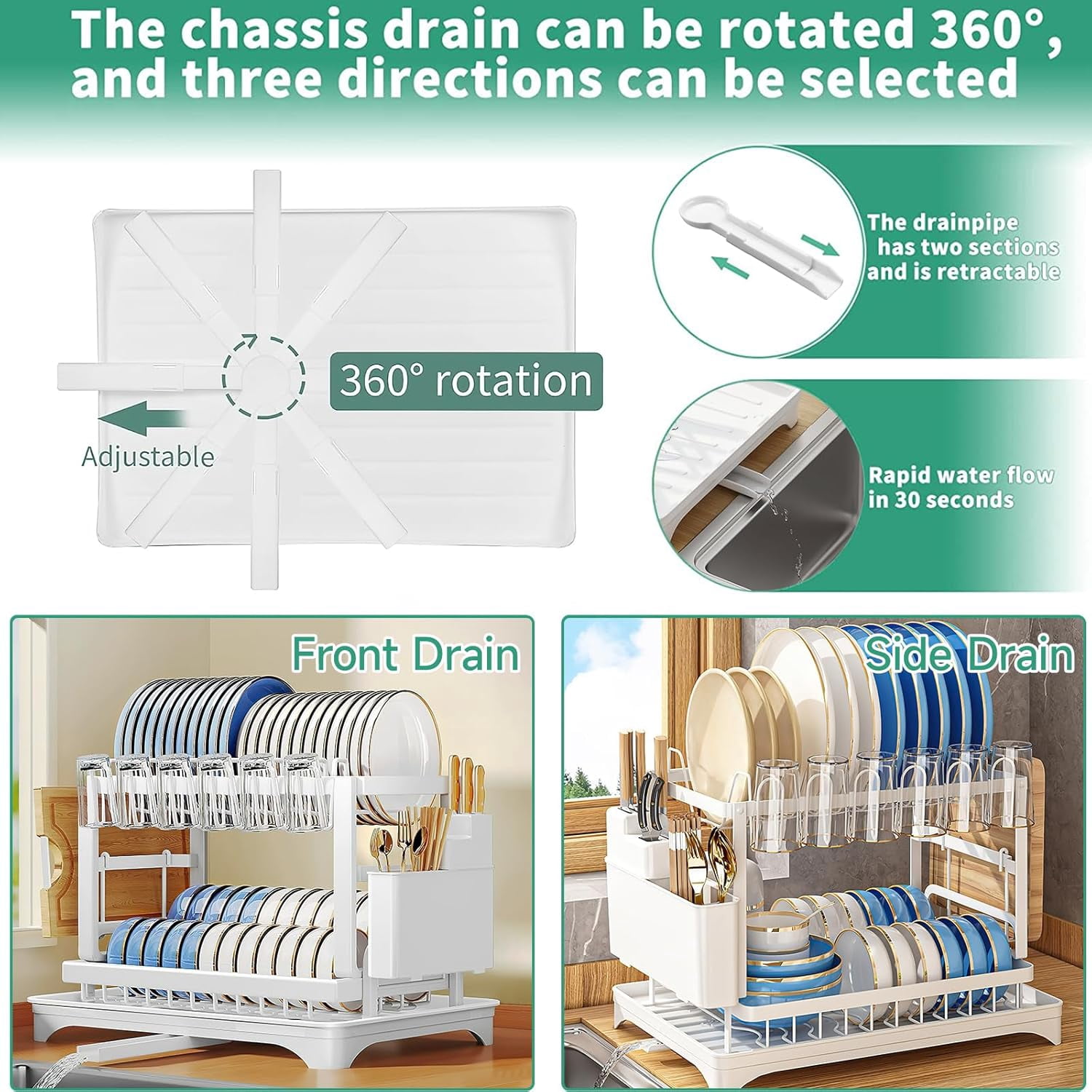 Complete Dish Drying Rack Set: Adjustable Rust-Proof Drainer with Removable Cutlery Caddy & Swivel Spout | White Countertop Space-Saving Organizer for Kitchen