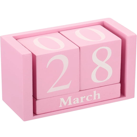 Vintage Wood Block Perpetual Calendar, Duslogis Reusable Wooden Month Date Display Blocks for Desk Office Home Decoration 3.9", Pink