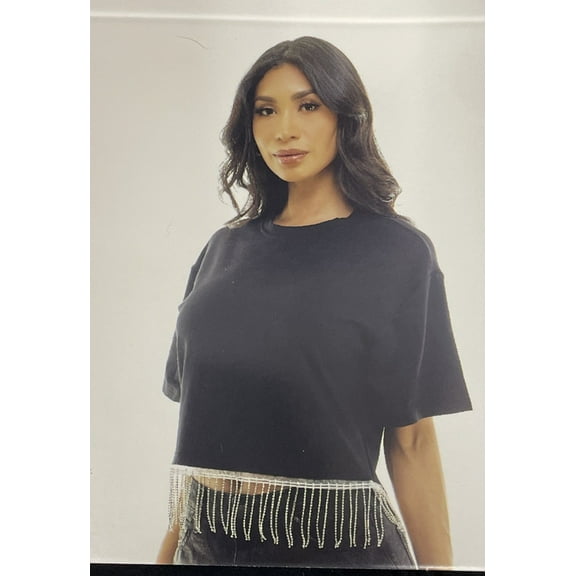 Black Cropped T-Shirt with Rhinestone Fringe - Small