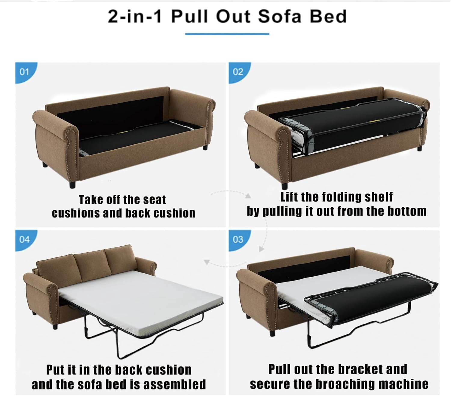 Sleeper Sofa Bed Full Size, Pull Out Couch with Mattress, 81.5'' 3 Seater Upholstery Sectional Couches, Modern Linen Convertible Sofa, Living Room Furniture for Small Spaces, Apartment, Brown