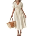 thumbnail image 2 of Robe d'Été pour Femmes Manches Courtes Décontractées Nœud Papillon Col en V Volants Midi Robes Fluides Abricot m, 2 of 10