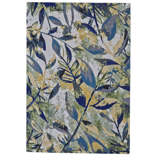 Omari Contemporary Botanical Rug, Yellow/Cobalt Blue, 10ft x 13ft2in
