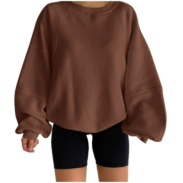 2DXuixsh Chandail en Molleton pour Femmes, Chandail en Molleton Décontracté Sans Capuche, Col Rond, Manches Longues, Couleur Unie, Basique, Café Taille P