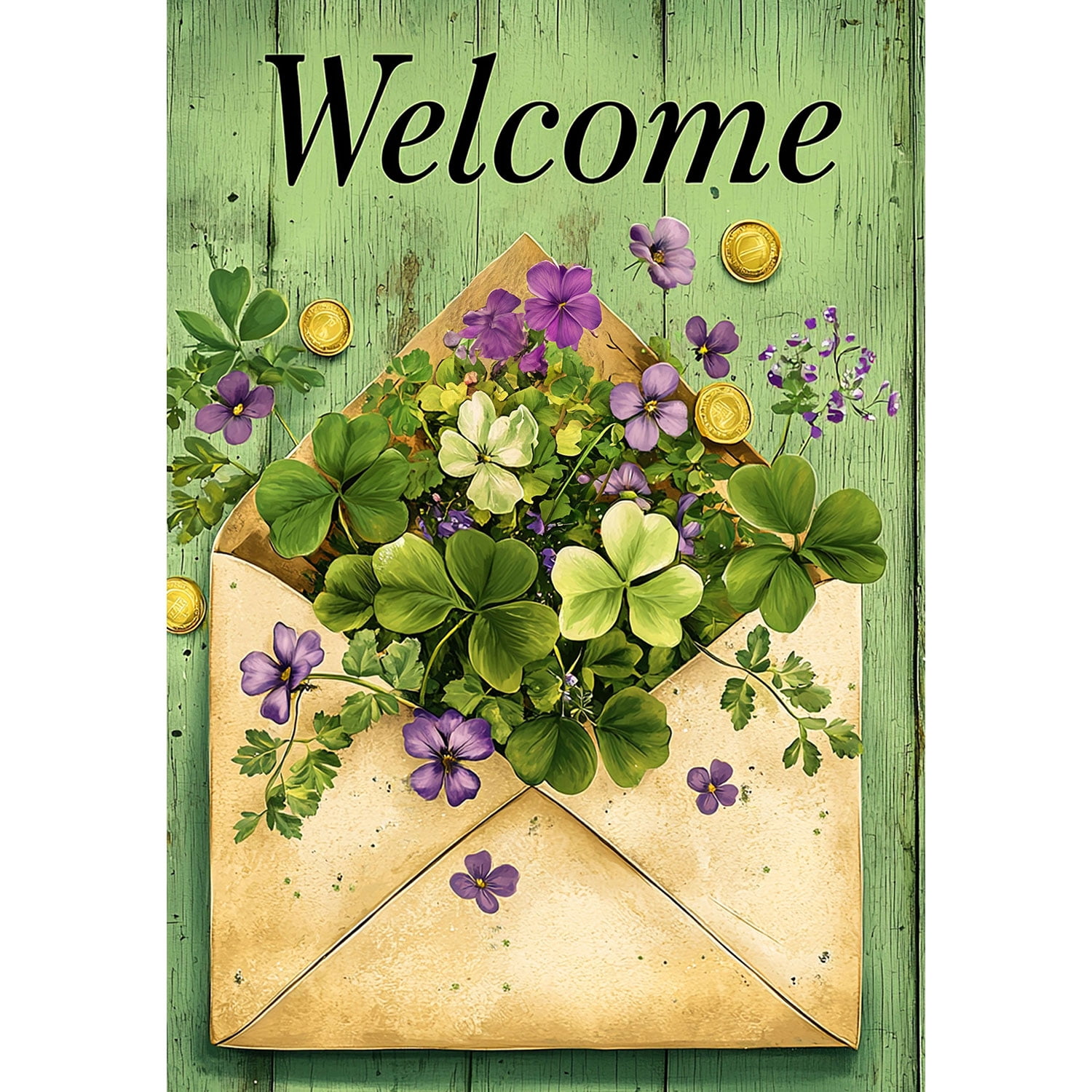 America Forever Welcome Shamrock Violet House Flag, 28 x 40 inch Double Sided, St Patrick Day Clover Purple, Irish Spring Lucky Flower Flag