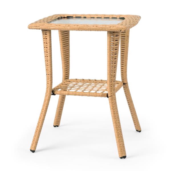 Outdoor Wicker Side Table, 2-Tier Design with Water Ripple Tempered Glass Top, Indoor/Outdoor Use for Garden, Porch, Balcony, Living Room
