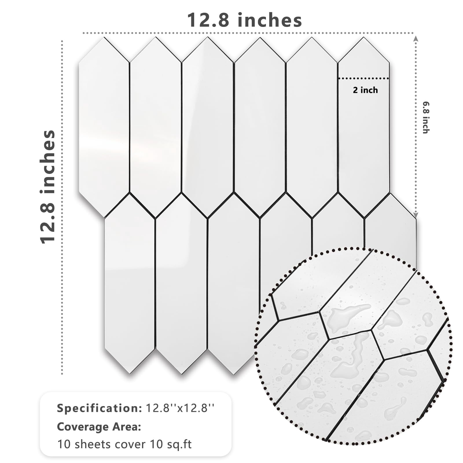 Glossy White Backsplash Peel And Stick  12.8 X 12.8 Inch 10 Sheets Long Hexagon Pvc Self Adhesive Mosaic Wall Tiles On For Kitchen Bathroom