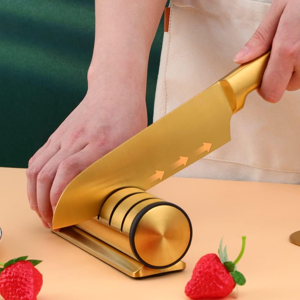 ABPETE 4-in-1 Kitchen Knife Accessories, 3-Stage Knife Sharpener Helps Repair, Restore, Polish Blades, Professional Knife Sharpening Tool for Kitchen Knives, Easy Manual Sharpener - Gold