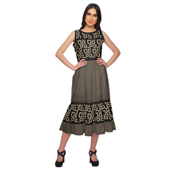 Moomaya Printed Cotton Long Dress For Womens Sleeveless Tiered Casual Summer Tunic