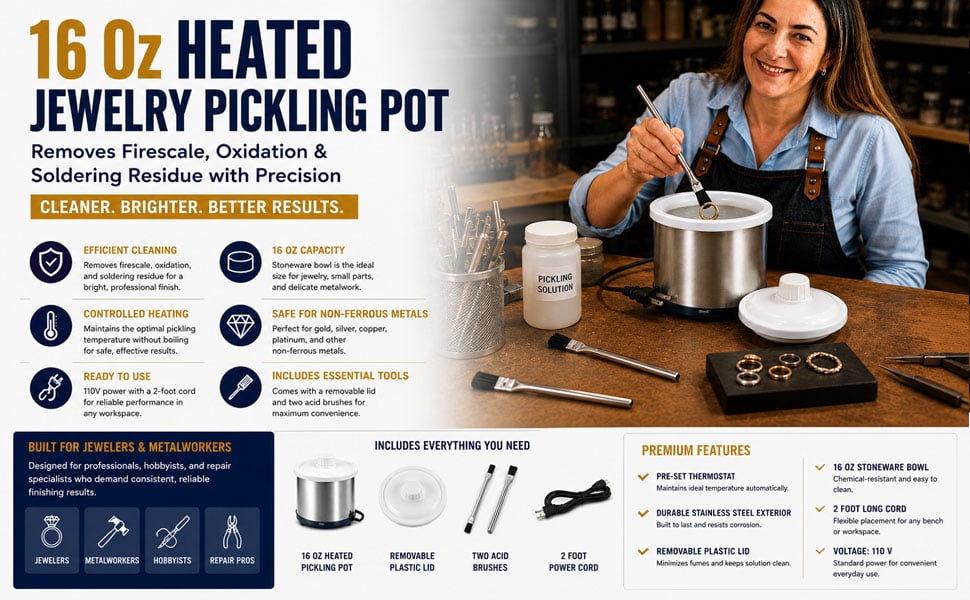 16 OZ Pickle Pot for Pickling Compound Solution Jewelry pickler110 V W/2 Brushes