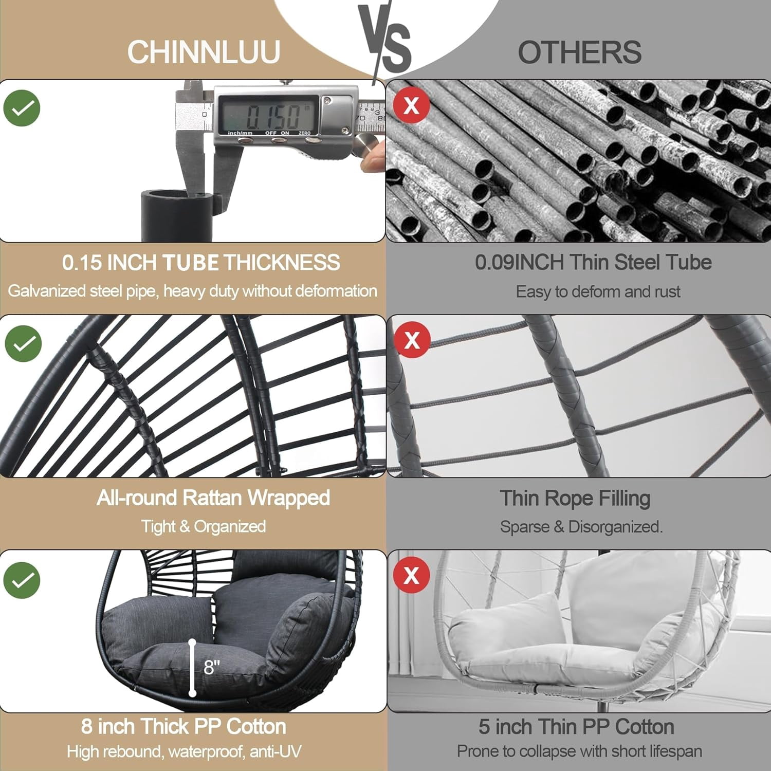 CHINNLUU Oversized Hanging Egg Chair with Stand, Outdoor Indoor Wicker Swing Chair with UV-Resistant Cushions and Rain Cover, 400lbs Capacity Patio Hammock Chair for Backyard, Balcony, Black