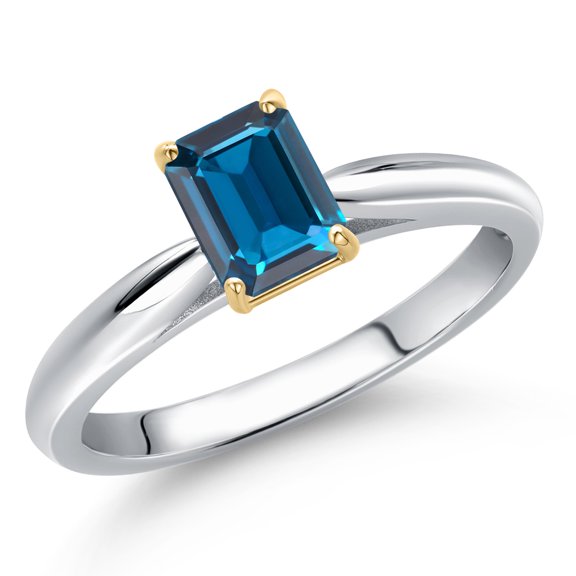 Gem Stone King 10K Two Tone Gold London Blue Topaz Engagement Ring for Women | 0.66 Cttw | Emerald Cut 6X4MM | Gemstone November Birthstone | Size 9