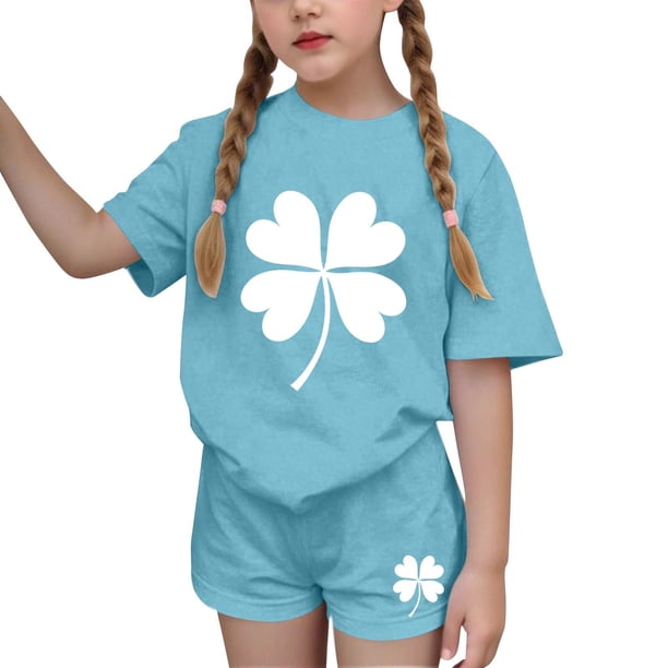 Vestido de manga corta para niños Día de San Patricio impreso conjunto de dos piezas niñas casual cuello redondo blusa y pantalones cortos