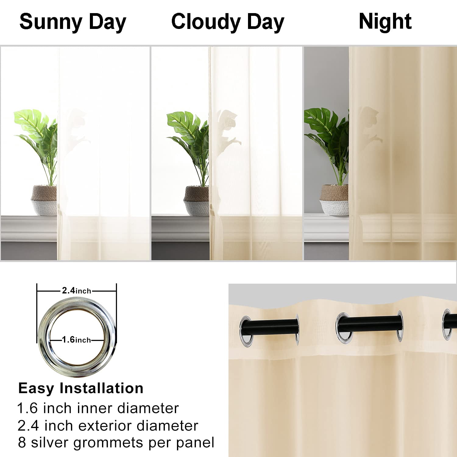 Hiasan Beige Sheer Curtains with Tiebacks-Light Filtering Contemporary Window Drapes for Living Room, Bedroom, Grommet, 52" x 84", Set of 2