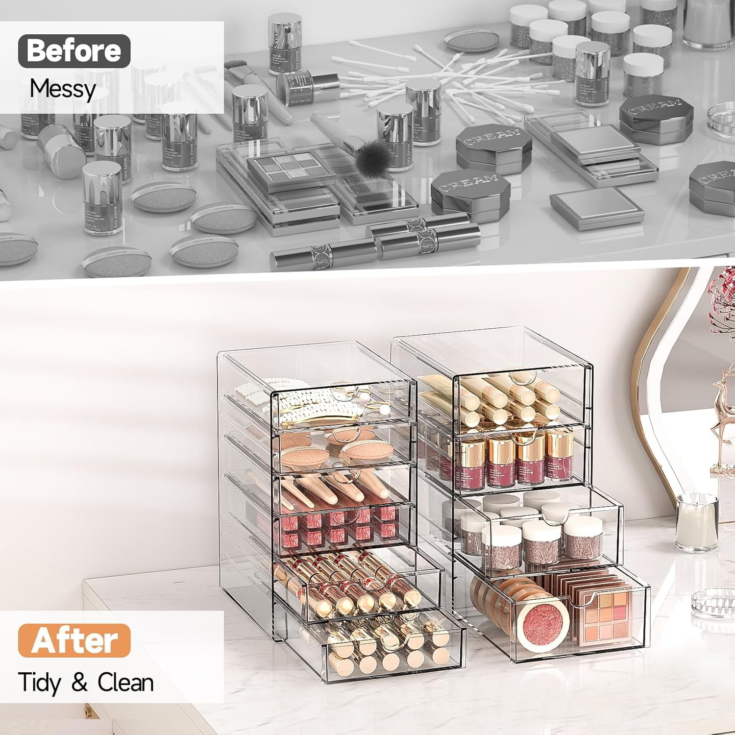 Makeup Drawer Storage Organizer with 20 Drawers, 4 Set Acrylic Office Desk Organization and Storage, Dustproof Drawer Organizer for Office, Countertop, Bathroom, Bedroom