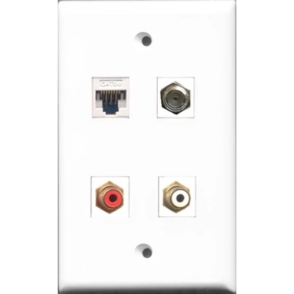 RiteAV - 1 Port RCA Red and 1 Port RCA White and 1 Port Coax Cable TV- F-Type and 1 Port Cat5e Ethernet White Wall Plate