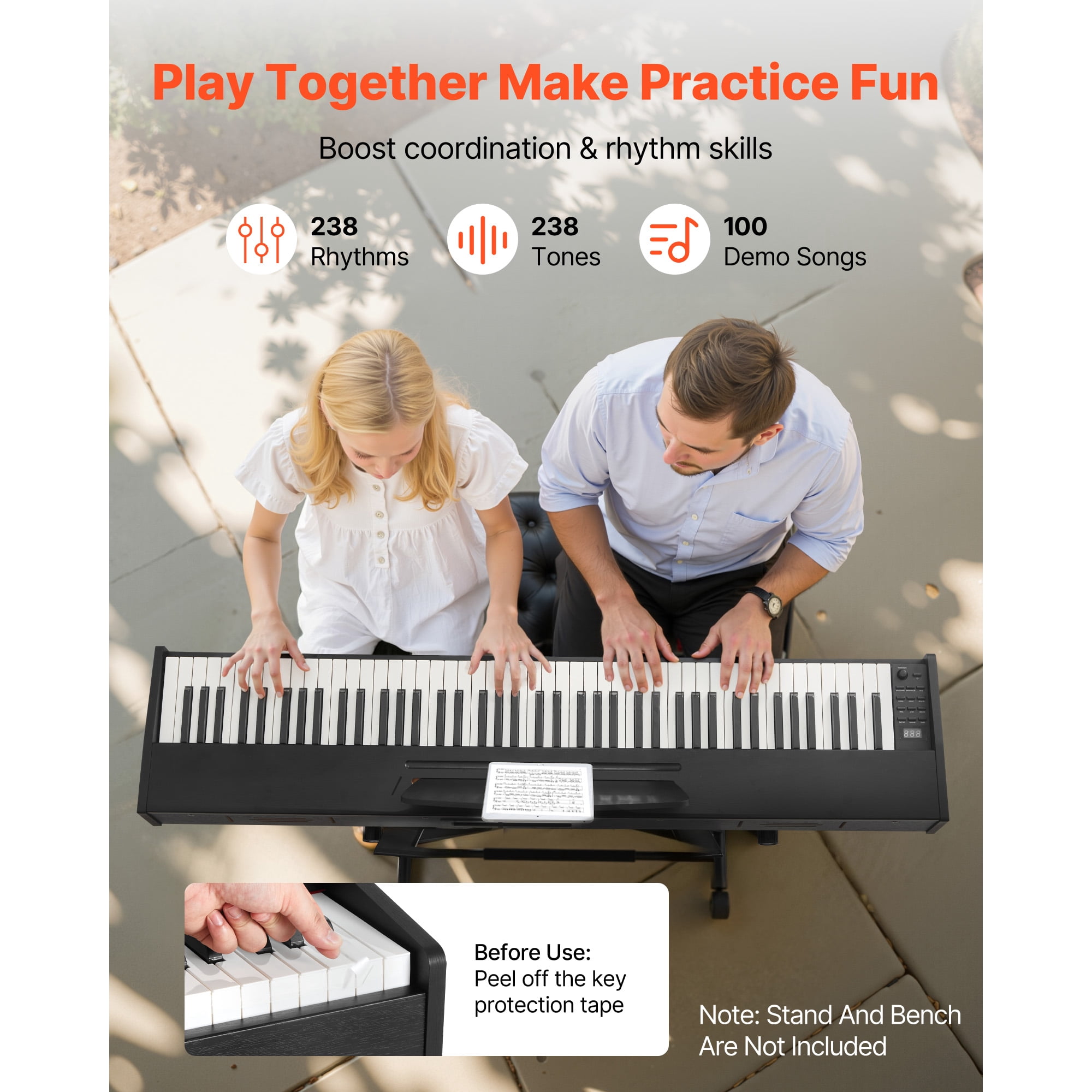 KFFKFF 88-Key Weighted Digital Piano with Recording, Sustain Pedal, Dual Keyboard, Wireless Connectivity, Built-in Speakers, 238 Tones, Ideal for Beginners, Stand Not Included