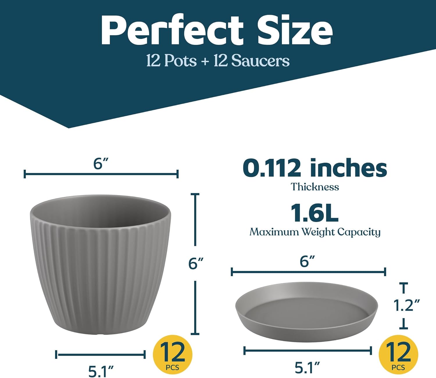 Gray 6-Inch Plant Pots with Drainage & Saucers 12 Pack, Indoor & Outdoor Planters for Houseplants, Herbs, and Flowers, Durable & Weatherproof Material, Stackable, Lightweight, Minimalist Design