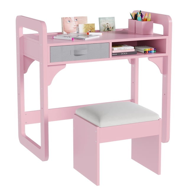 Yiwa Wooden Writing Desk Set, Study Table with Chair, Large Cloth Storage Drawers & Built-In Pen Holder