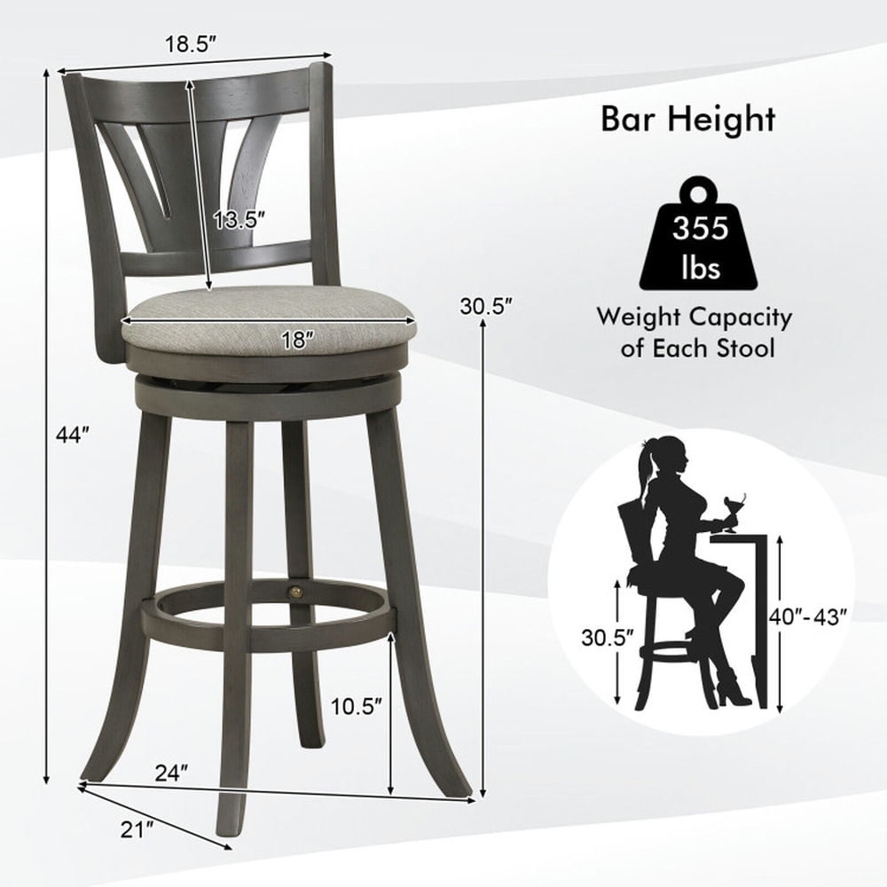 Demi Bonn 30.5" Swivel Bar Stool with Backrest Soft Cushioned Seat and Footrest, Modern Kitchen Dining Chair, Gray