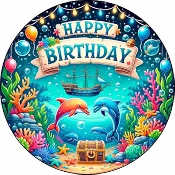 Under the Sea Dolpin Treasure Happy Birthday Edible Icing Image Cake topper, by Tnct.