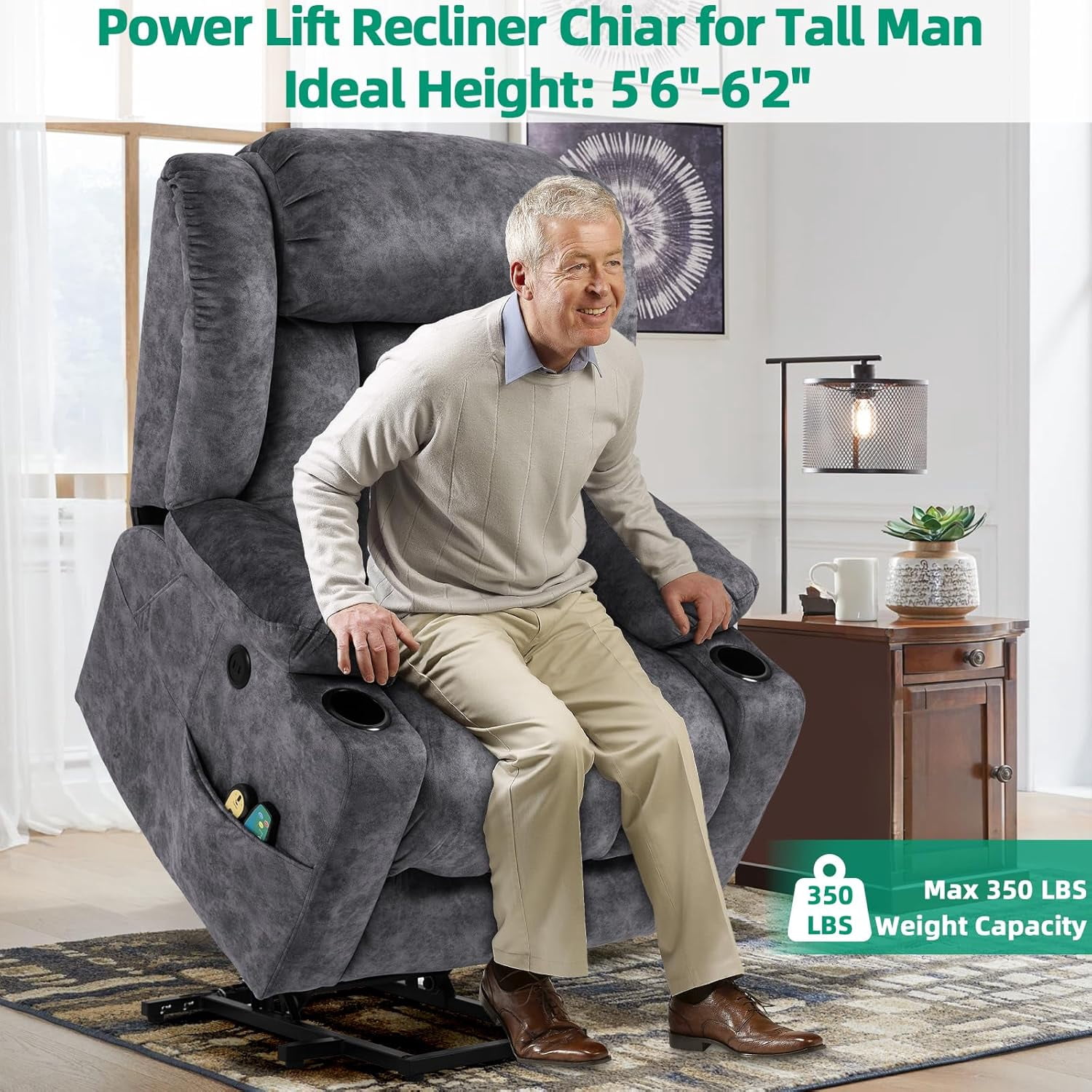 VIVIJASON Tall Man Large Power Lift Recliner Chair with Heat and Massage for Elderly, Overstuffed Wide Electric Lift Recliner w/Extended Footrest, 2 Cup Holder, USB Ports & Side Pockets, Fabric Grey