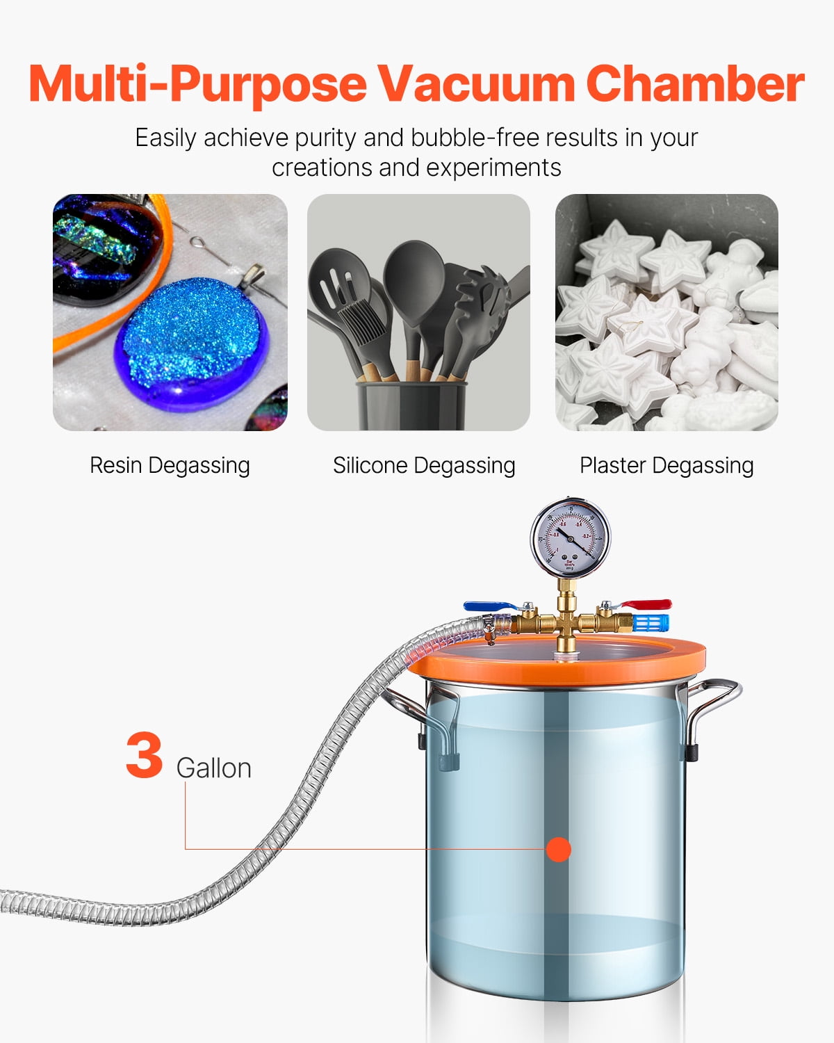 KFFKFF 3 Gallon Vacuum Chamber with 3.5 CFM Pump Kit, Composed of Stainless Steel Chamber, Single Stage Vacuum Pump Degassing Chamber Kit, Accompanied by Acrylic Lid, Oil, 4.92 ft Hose