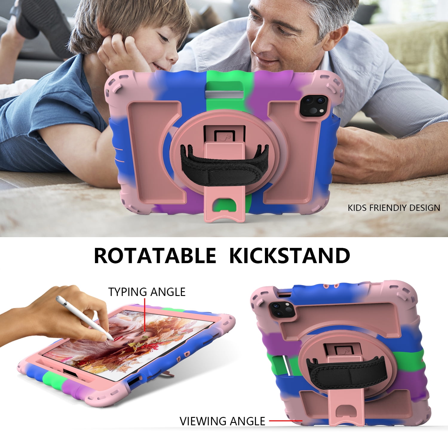 Allytech iPad Air 5 4 10.9 Case 2022/2020, Heavy Duty Shockproof Kids Case with Pencil Holder Hand Strap Kickstand Shoulder Strap for Apple iPad Air 5th 4th Generation 10.9 Inch -Rainbow/Rosegold