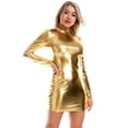 thumbnail image 2 of Xmarks Womens Long Sleeve Sexy Bodycon Wrap Mock Neck Metallic Short Club Mini Dress for Party Night Birthday Gold XL, 2 of 7