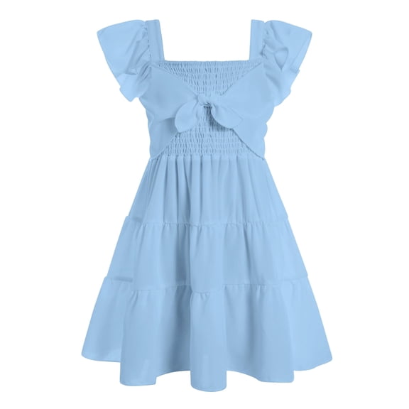 Lanbubble Girls Dress Blue A-Line Ruffle Sleeveless Casual Holiday Summer Dress, 5-6 Years