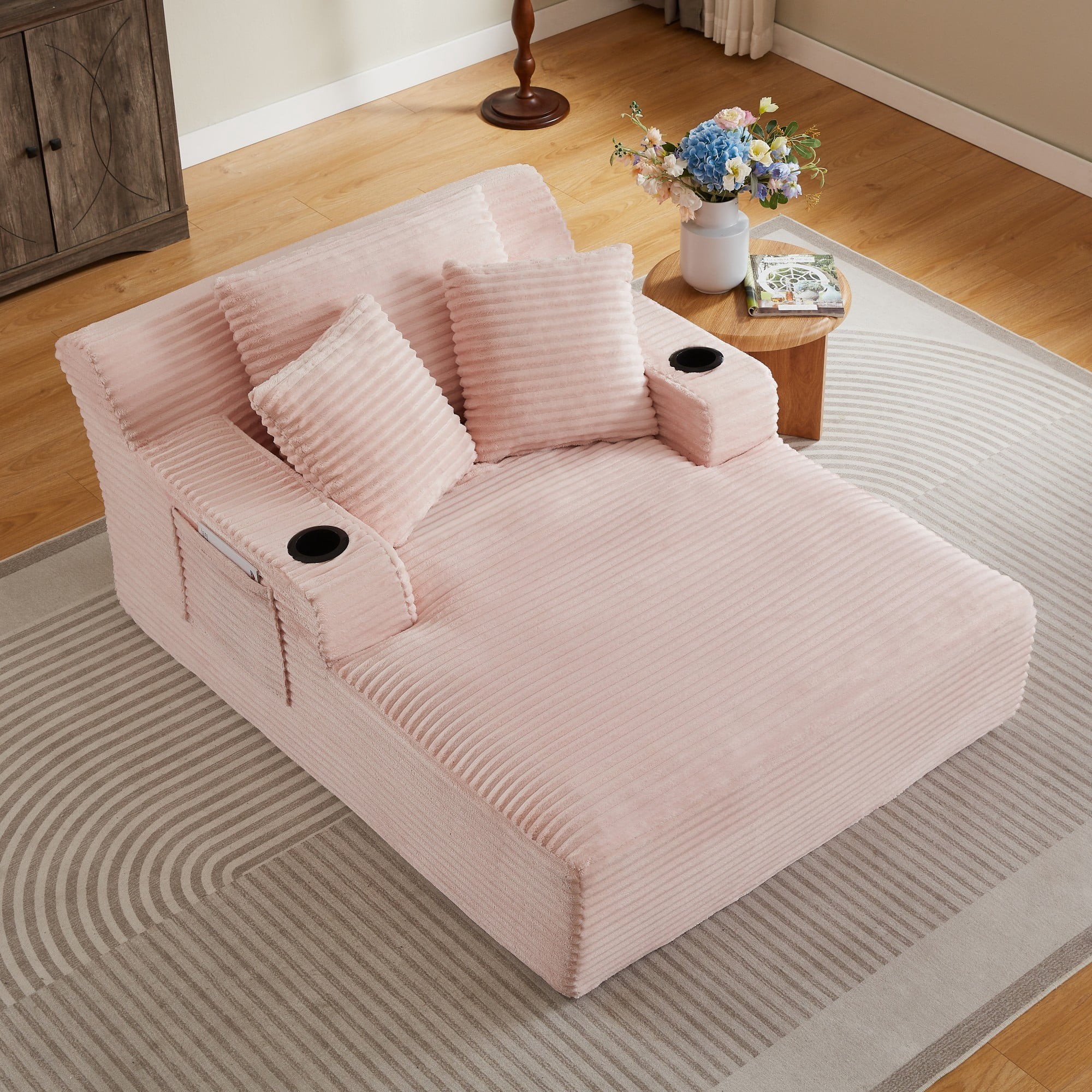 BSHTI 66.1" Corduroy Oversized Chaise Lounge Chair with Cup Holder, Side Pockets and Boneless Design for Living Room（Pink）