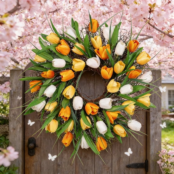 11.8 Inch Tulip Wreath For Front Door, Spring Summer Silk Wreath With Green Leaves Artificial Tulip Flower Wreaths For All Seasons Window Wall Wedding Day Decor