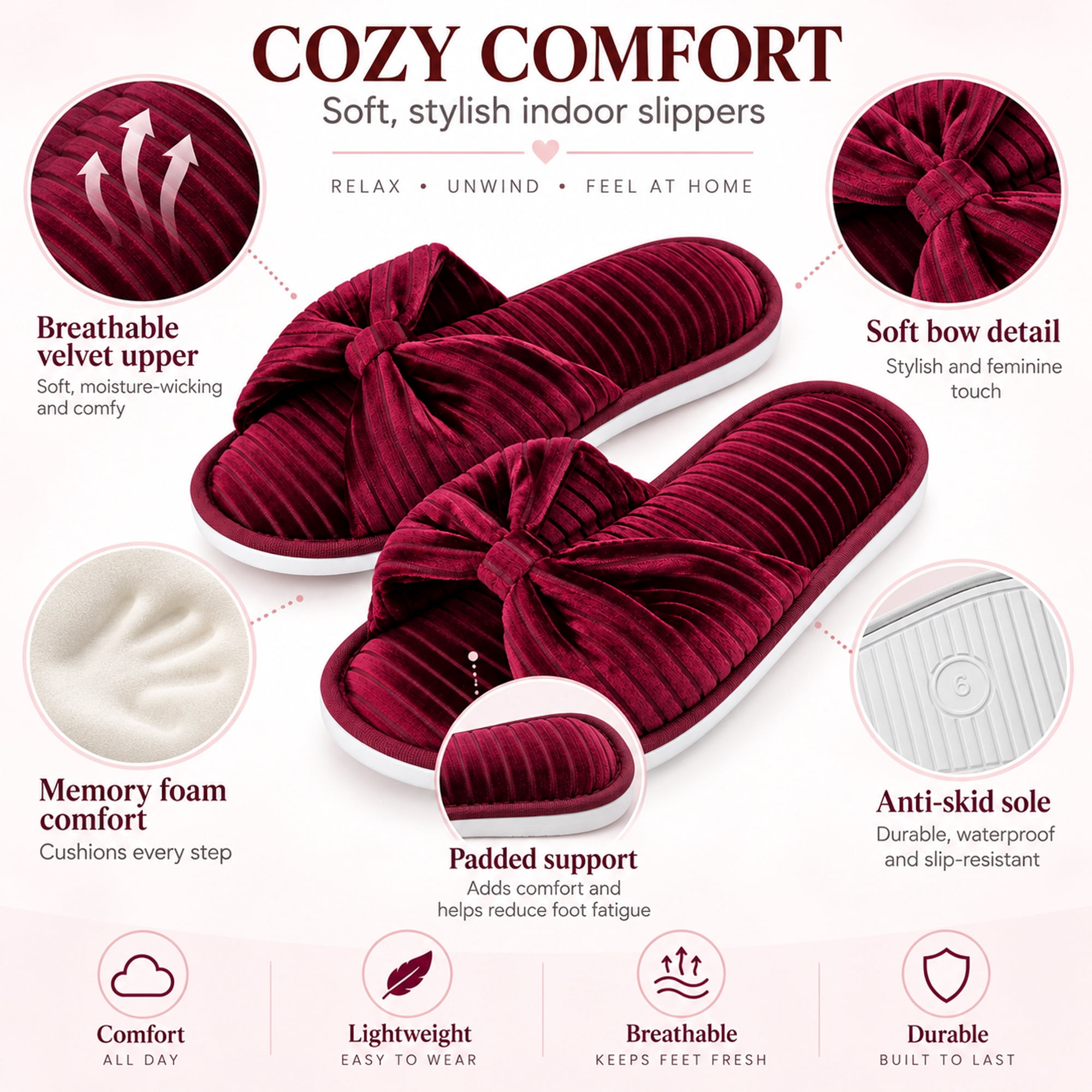 Women’s Memory Foam Open Toe Slide Slippers with Bow, Soft Cushioned Indoor House Shoes, Non-Slip Sole