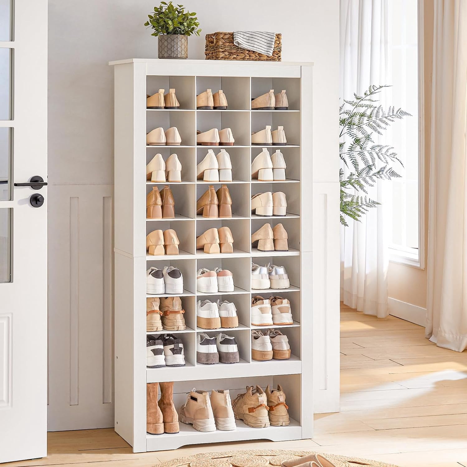 HOOBRO Heavy Duty 8-Tier Shoe Rack with 24 Cubbies & 3 Hooks, White