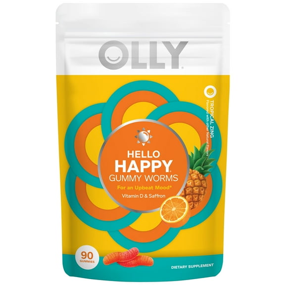 OLLY Hello Happy Gummy Worms, Mood Balance Support* Supplement, 30 mg Saffron Extract, Vitamin D, Tropical Zing flavor with other natural flavors, 90 Ct
