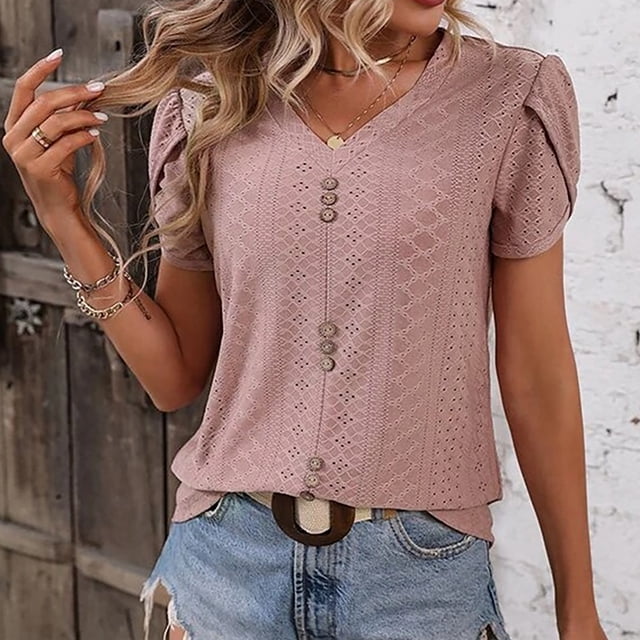 Fiudx Camisas de Mujer Blusas y Blusas con Cuello En V de Manga Corta Informales de Primavera y Verano a La Moda para Mujer