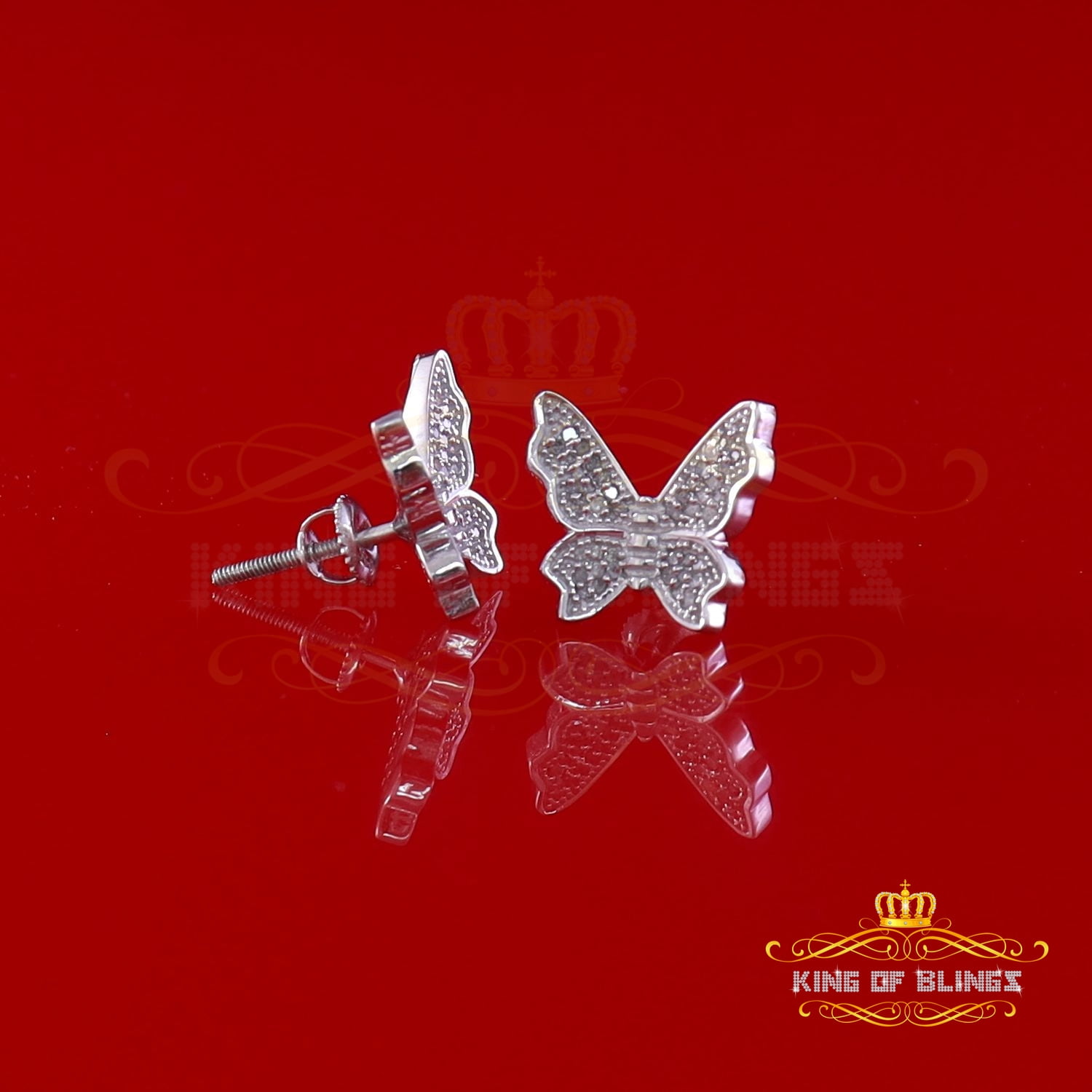 King of Bling's Women's 0.25ct Real Diamond Butterfly Stud Earrings White 925 Sterling Silver