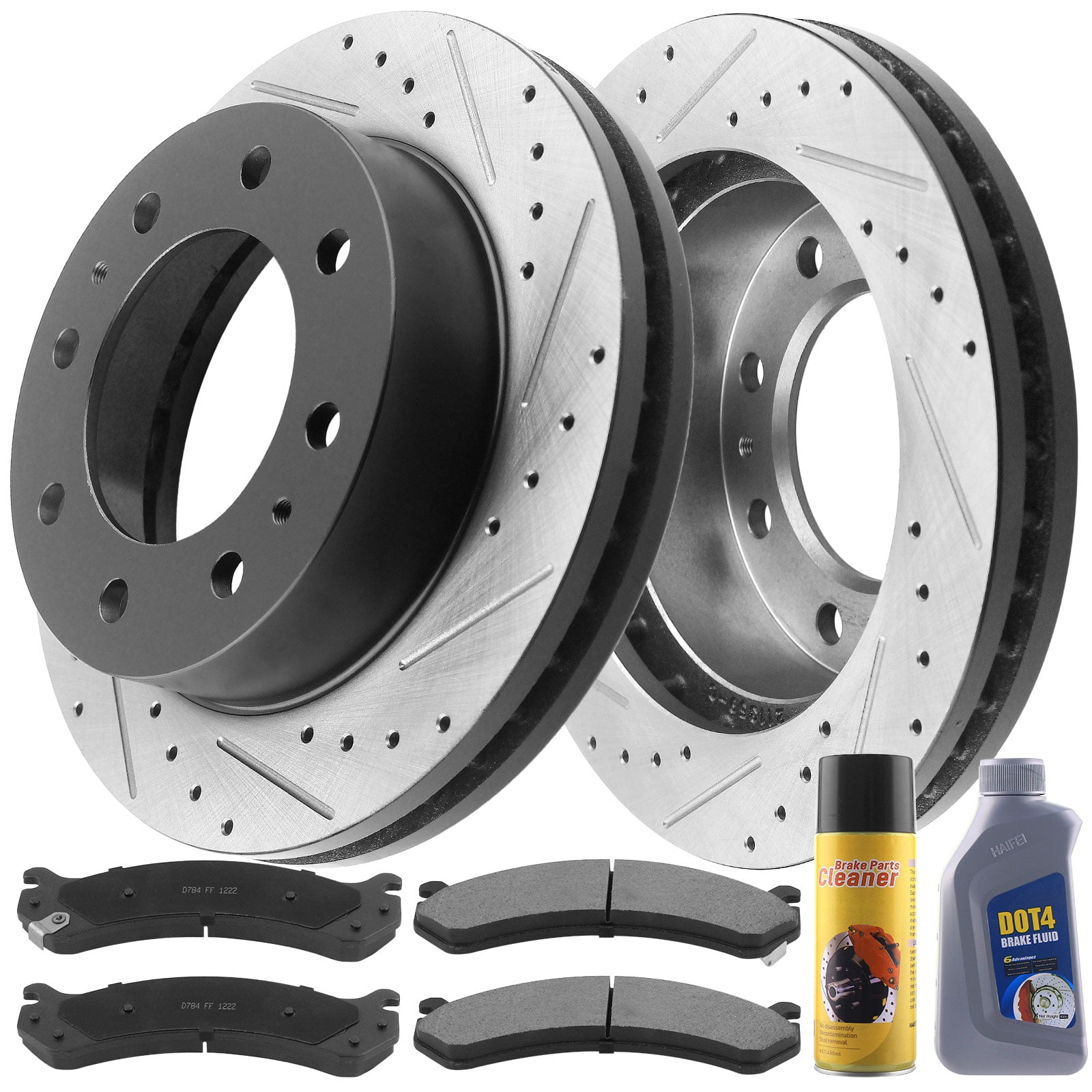 Front Slotted Drilled Brake Rotors w/Ceramic Brake Pads + Cleaner & Fluid Fit Chevy Silverado