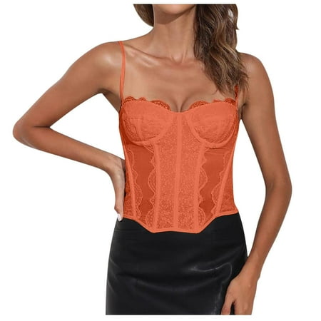 FJHNGBDH Corset Tops for Women Fashion Sexy Lace Mesh Overbust Date Night Vintage Spaghetti Strap Backless Boned Party Crop Bustier