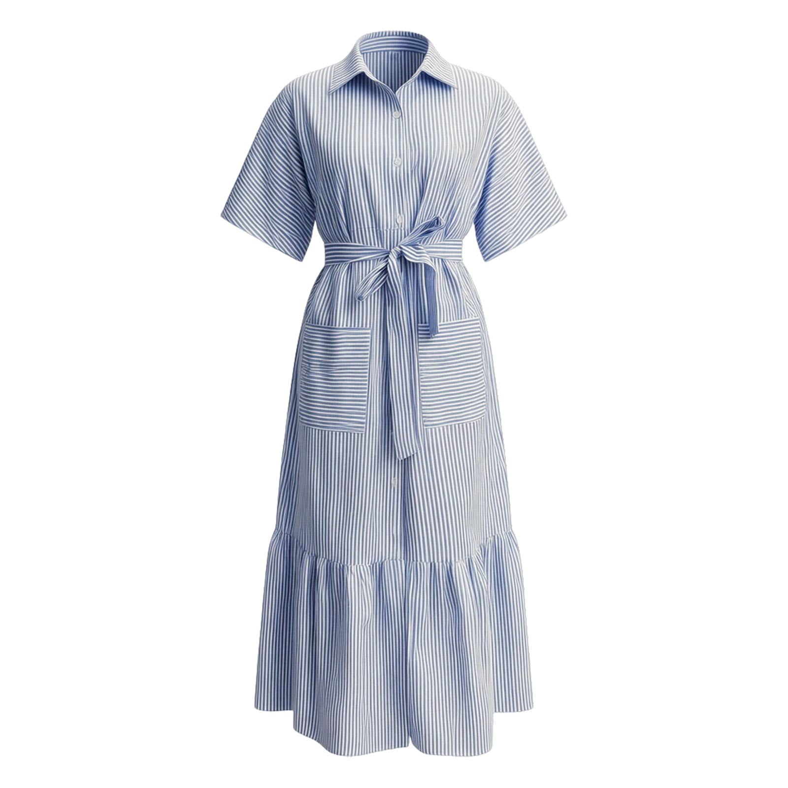 Jane Wardrobe Women's Casual Striped Short Sleeve Shirt Dress Loose Fit Midi Length Ruffled Hem Belted Waist With Pockets For Daily Brunch 1 Pc Sizes S M L XL XXL Pink Purple Blue Black Green Khaki