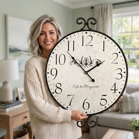 MODE HOME 30 inch Farmhouse Wall Clock, Silent Battery Operated, Wrought Iron Frame with Warm Gray